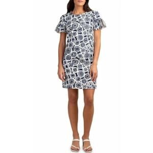 Trina Turk Womens Jacinta Sheath Dress Sz 8 White Navy Blue Short Sleeve
